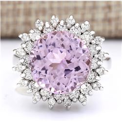 12.37 CTW Natural Kunzite And Diamond Ring In 18K White Gold
