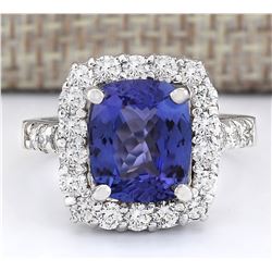 4.95 CTW Natural Blue Tanzanite And Diamond Ring 18K Solid White Gold