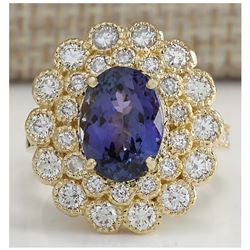 5.32 CTW Natural Blue Tanzanite And Diamond Ring In 14K Solid Yellow Gold