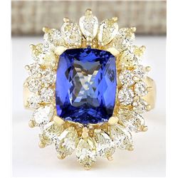 6.33 CTW Natural Blue Tanzanite And Diamond Ring 18K Solid Yellow Gold