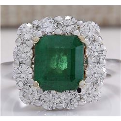 4.95 CTW Natural Emerald And Diamond Ring 18K Solid White Gold