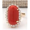 Image 2 : 9.07 CTW Natural Coral And Diamond Ring In 14k Yellow Gold