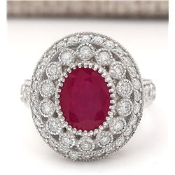 3.76 CTW Natural Ruby And Diamond Ring In 18K White Gold