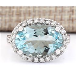6.04 CTW Natural Aquamarine And Diamond Ring In 14k White Gold