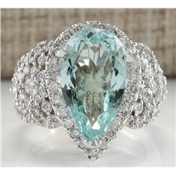 7.30 CTW Natural Aquamarine And Diamond Ring In 14K Solid White Gold