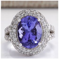 9.85 CTW Natural Blue Tanzanite And Diamond Ring 18K Solid White Gold