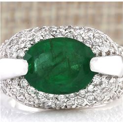 5.08 CTW Natural Emerald And Diamond Ring In 14k White Gold