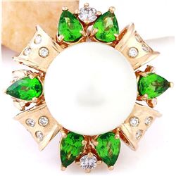 14.90 mm Gold South Sea Pearl, Tsavorite 14K Solid Rose Gold Diamond Ring