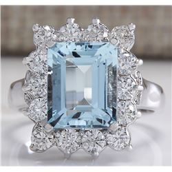 4.39 CTW Natural Aquamarine And Diamond Ring In 14K White Gold