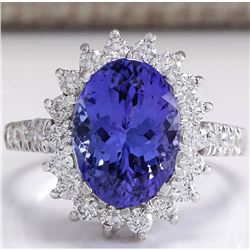 5.08 CTW Natural Blue Tanzanite And Diamond Ring In 14K White Gold