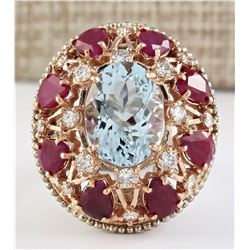 14.145 CTW Natural Aquamarine Ruby Diamond Ring In 14k Multi-tone Gold