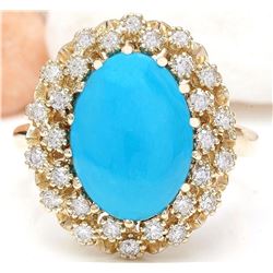 3.88 CTW Natural Turquoise 18K Solid Yellow Gold Diamond Ring