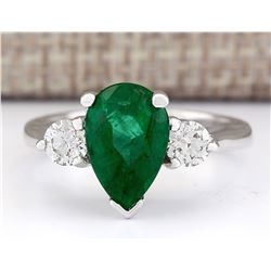 3.03 CTW Natural Emerald And Diamond Ring In 14k White Gold