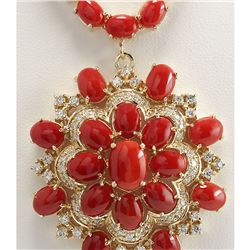 67.80 CTW Natural Red Coral And Diamond Necklace In 14K Yellow Gold
