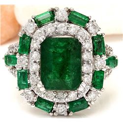 6.90 CTW Natural Emerald 18K Solid White Gold Diamond Ring