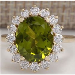 5.53 CTW Natural Green Peridot And Diamond Ring 18K Solid Yellow Gold