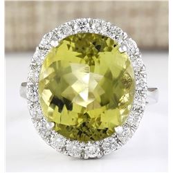 12.16 CTW Natural Yellow Beryl And Diamond Ring 18K Solid White Gold