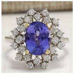 5.20 CTW Natural Tanzanite Diamond Ring 18K Solid White Gold