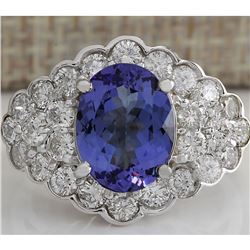 5.12 CTW Natural Blue Tanzanite And Diamond Ring In 18K White Gold