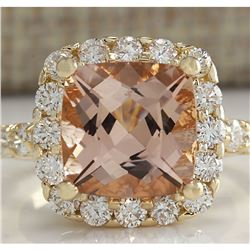 5.29 CTW Natural Morganite And Diamond Ring 18K Solid Yellow Gold