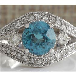 4.16 CTW Natural Blue Zircon And Diamond Ring 18K Solid White Gold