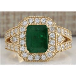 3.60 CTW Natural Emerald And Diamond Ring In 18K Solid Yellow Gold