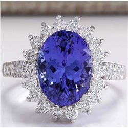 5.08 CTW Natural Blue Tanzanite And Diamond Ring In 18K White Gold