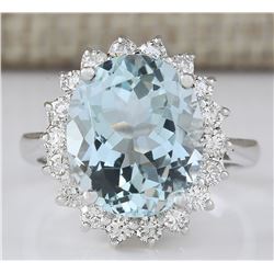 6.80 CTW Natural Aquamarine And Diamond Ring In 14k Solid White Gold
