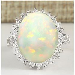 9.29 CTW Natural Opal And Diamond Ring In14k White Gold