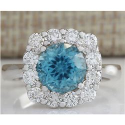 5.33 CTW Natural Blue Zircon And Diamond Ring 14K Solid White Gold