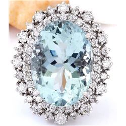 13.37 CTW Natural Aquamarine 18K Solid White Gold Diamond Ring