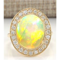 7.21 CTW Natural Opal And Diamond Ring In 14K Solid Yellow Gold