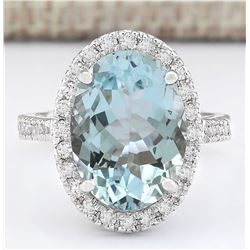 6.90 CTW Natural Aquamarine And Diamond Ring In 18K White Gold