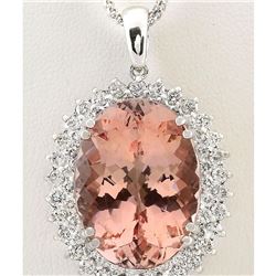 33.55 CTW Natural Morganite And Diamond Pendant In 14k Solid White Gold