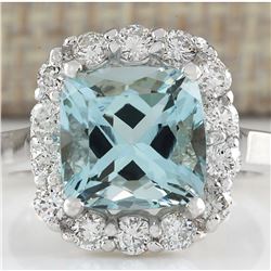 4.17 CTW Natural Blue Aquamarine And Diamond Ring 14K Solid White Gold