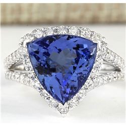 7.07 CTW Natural Blue Tanzanite And Diamond Ring 14k Solid White Gold