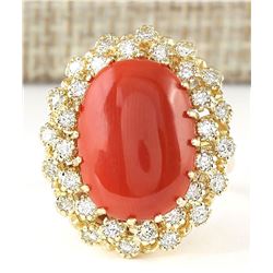 9.58 CTW Natural Coral And Diamond Ring In 18K Yellow Gold