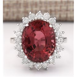 9.85 CTW Natural Pink Tourmaline And Diamond Ring 18K Solid White Gold