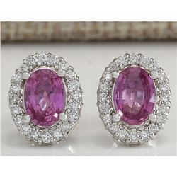 3.10 CTW Natural Pink Sapphire And Diamond Earrings 18K Solid White Gold