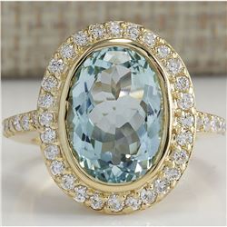 6.35 CTW Natural Aquamarine And Diamond Ring In 14K Solid Yellow Gold