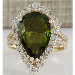 7.48 CTW Natural Green Tourmaline And Diamond Ring In 14K Yellow Gold