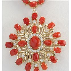 53.01 CTW Natural Red Coral And Diamond Necklace In 14K Yellow Gold