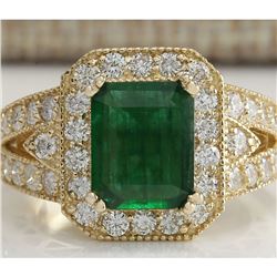 3.29 CTW Natural Emerald And Diamond Ring 14K Solid Yellow Gold