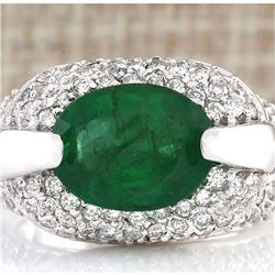 5.08 CTW Natural Emerald And Diamond Ring In 18K White Gold