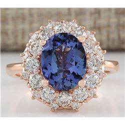 4.16 CTW Natural Blue Tanzanite And Diamond Ring In 14K Solid Rose Gold