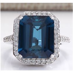 10.73CTW Natural London Blue Topaz And Diamond Ring In 14K White Gold