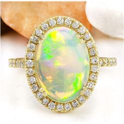 3.60 CTW Natural Opal 18K Solid Yellow Gold Diamond Ring