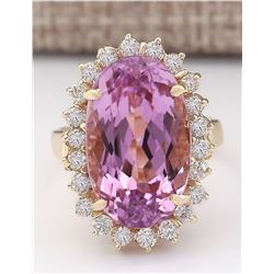 14.14 CTW Natural Kunzite And Diamond Ring In 18K Yellow Gold
