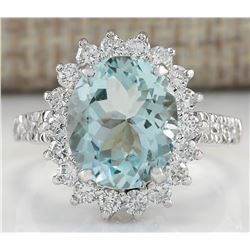 4.46 CTW Natural Blue Aquamarine And Diamond Ring 14K Solid White Gold