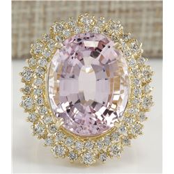 18.07 CTW Natural Kunzite And Diamond Ring 18K Solid Yellow Gold